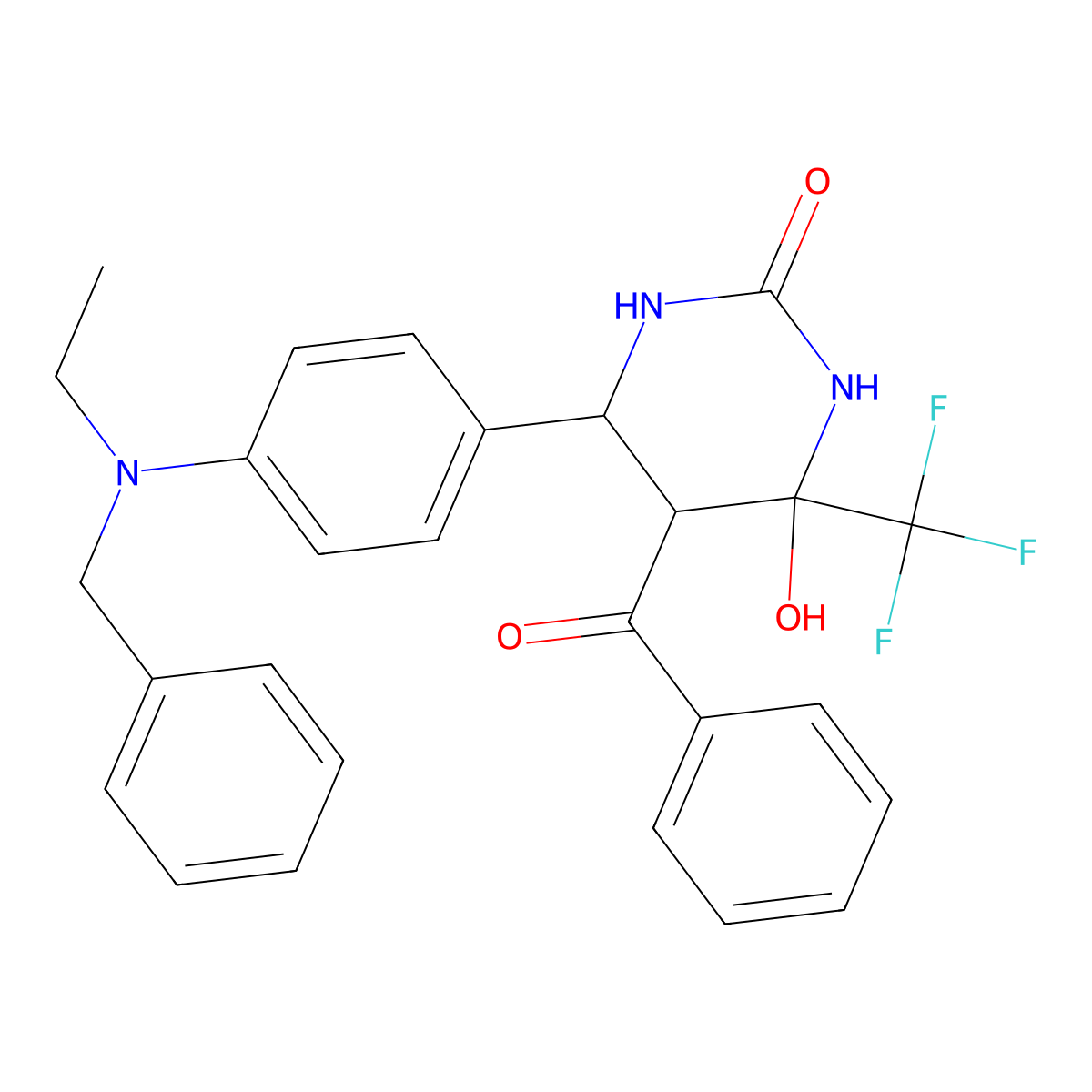 6-{4-[benzyl(ethyl)amino]phenyl}-4-hydroxy-5-(phenylcarbonyl)-4-(trifluoromethyl)tetrahydropyrimidin-2(1H)-one molecular structure, CAS 459155-42-1