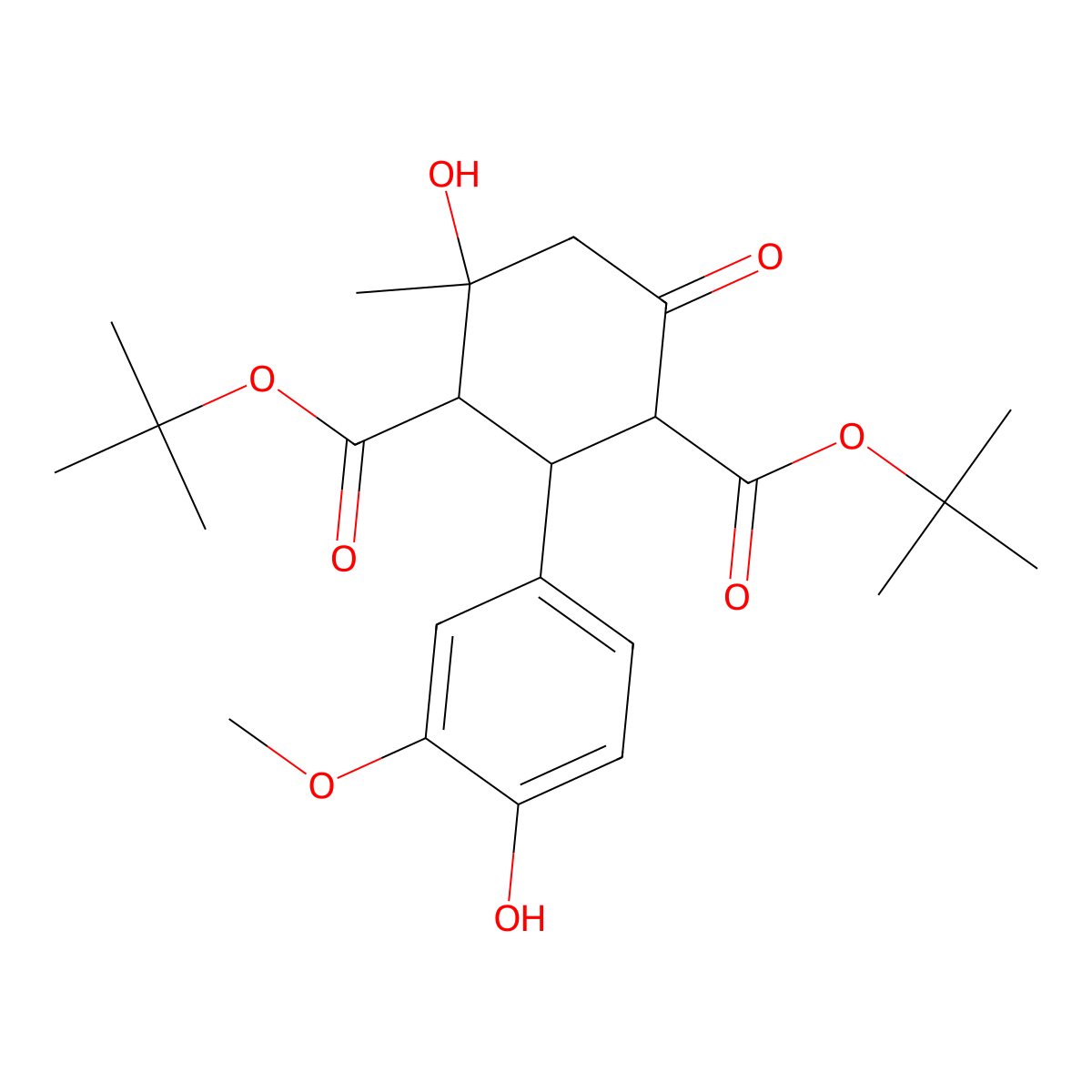 Ditert-butyl 4-hydroxy-2-(4-hydroxy-3-methoxyphenyl)-4-methyl-6-oxocyclohexane-1,3-dicarboxylate molecular structure, CAS 459155-59-0