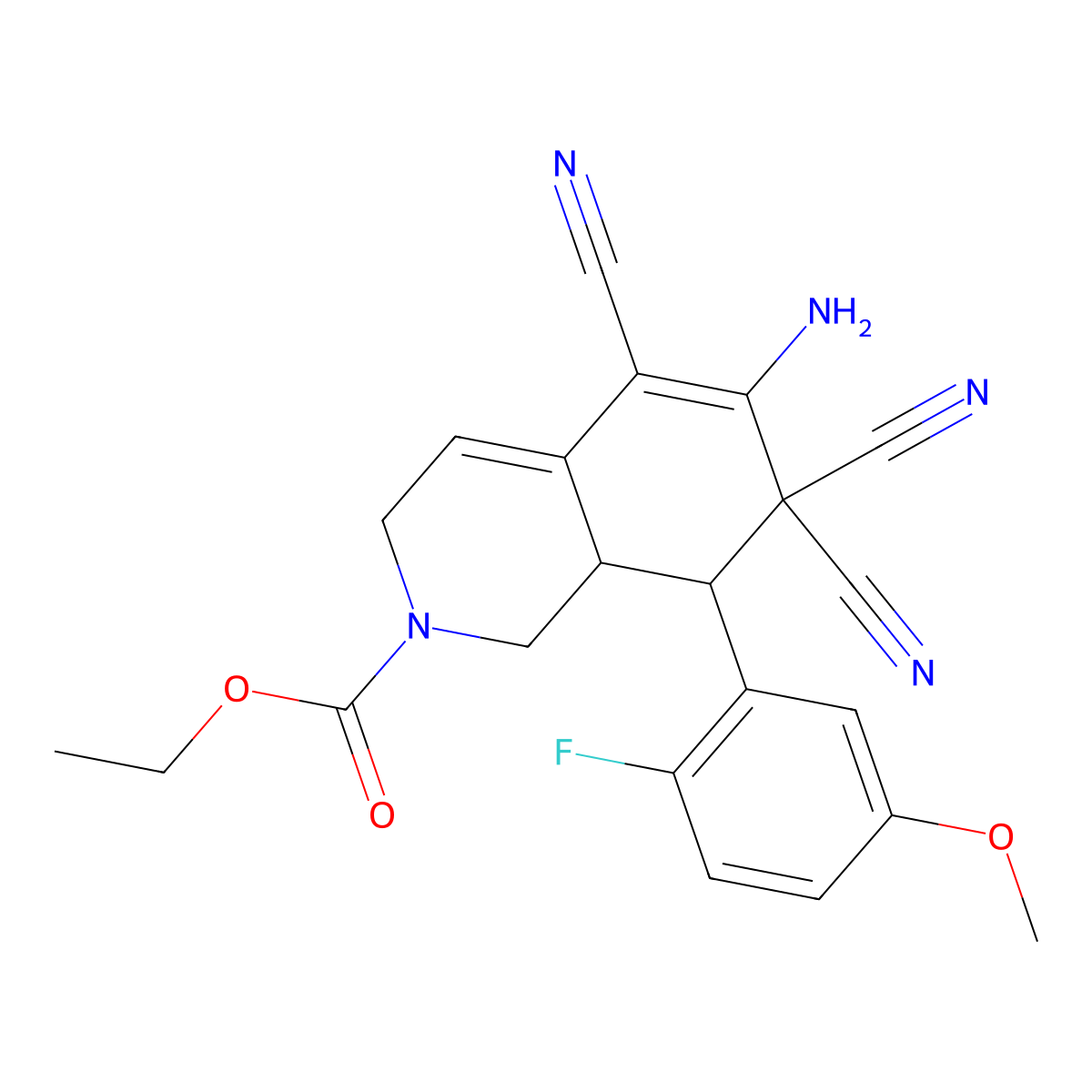 ethyl 6-amino-5,7,7-tricyano-8-(2-fluoro-5-methoxyphenyl)-3,7,8,8a-tetrahydro-2(1H)-isoquinolinecarboxylate molecular structure, CAS 459155-69-2