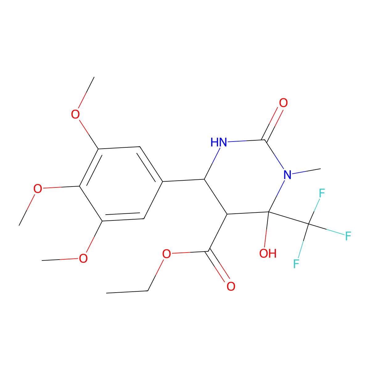 Ethyl 6-hydroxy-1-methyl-2-oxo-6-(trifluoromethyl)-4-(3,4,5-trimethoxyphenyl)hexahydro-5-pyrimidinecarboxylate molecular structure, CAS 459155-79-4