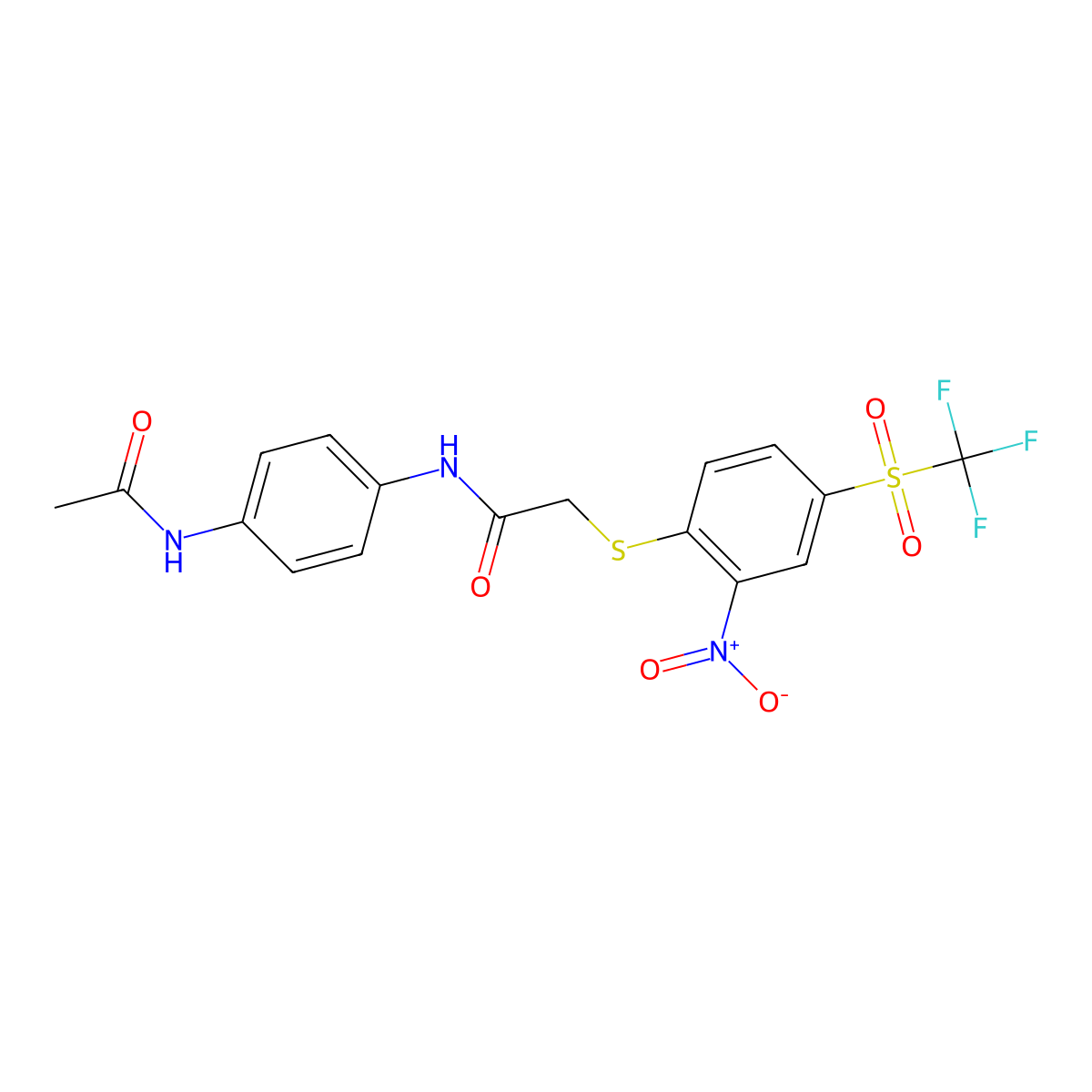 N-(4-acetamidophenyl)-2-[2-nitro-4-(trifluoromethylsulfonyl)phenyl]sulfanylacetamide molecular structure, CAS 459188-30-8
