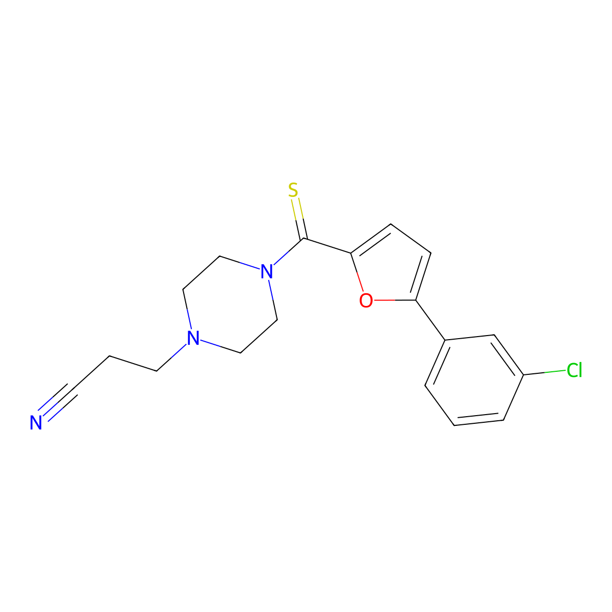 3-(4-(5-(3-Chlorophenyl)furan-2-carbonothioyl)piperazin-1-yl)propanenitrile molecular structure, CAS 459194-15-1