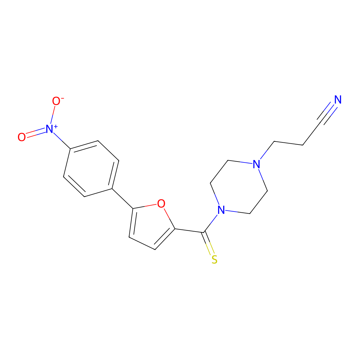 3-(4-(5-(4-Nitrophenyl)furan-2-carbonothioyl)piperazin-1-yl)propanenitrile molecular structure, CAS 459194-23-1