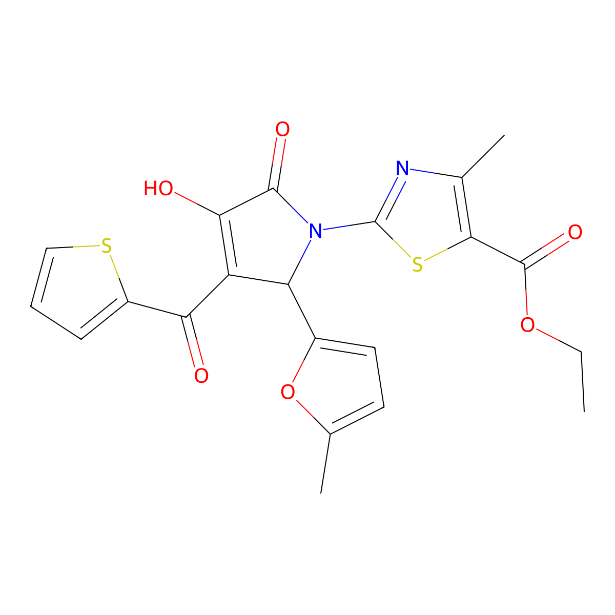 ethyl 2-(3-hydroxy-5-(5-methyl-2-furyl)-2-oxo-4-(2-thienylcarbonyl)-2,5-dihydro-1H-pyrrol-1-yl)-4-methyl-1,3-thiazole-5-carboxylate molecular structure, CAS 459197-34-3