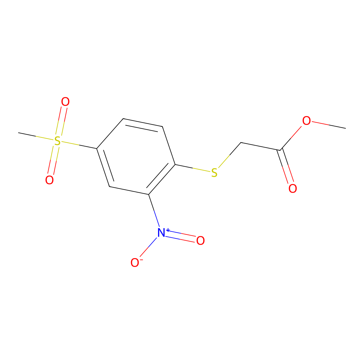 Methyl 2-((4-(methylsulfonyl)-2-nitrophenyl)thio)acetate molecular structure, CAS 459199-05-4
