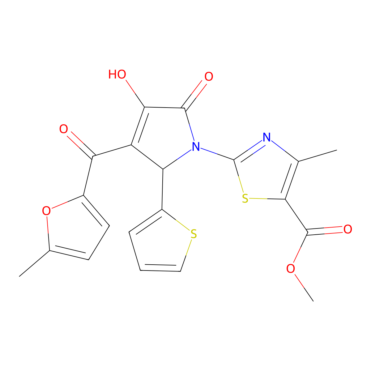 methyl 2-[3-hydroxy-4-(5-methylfuran-2-carbonyl)-2-oxo-5-(thiophen-2-yl)-2,5-dihydro-1H-pyrrol-1-yl]-4-methyl-1,3-thiazole-5-carboxylate molecular structure, CAS 459202-03-0
