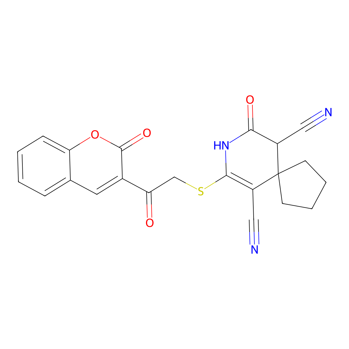 9-Oxo-7-{[2-oxo-2-(2-oxo-2H-1-benzopyran-3-yl)ethyl]sulfanyl}-8-azaspiro[4.5]dec-6-ene-6,10-dicarbonitrile molecular structure, CAS 4594-55-2