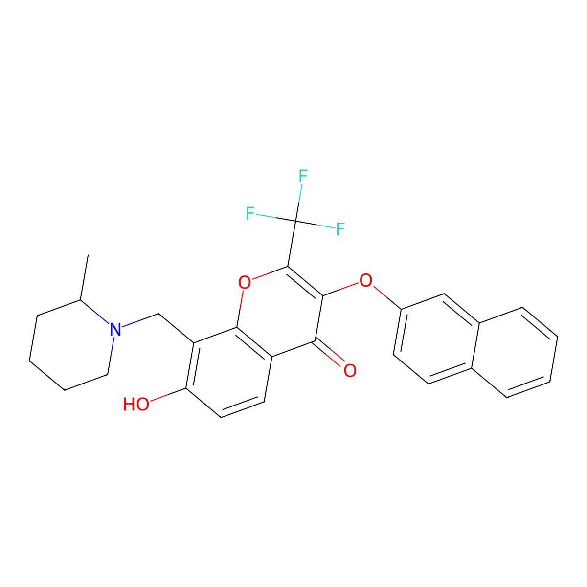7-hydroxy-8-[(2-methyl-1-piperidinyl)methyl]-3-(2-naphthyloxy)-2-(trifluoromethyl)-4H-chromen-4-one molecular structure, CAS 459413-80-0