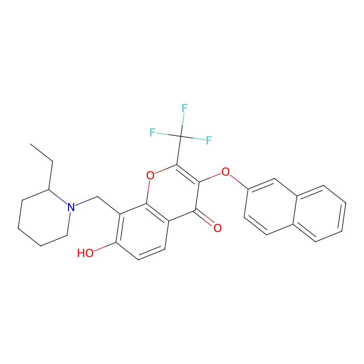 8-[(2-ethyl-1-piperidinyl)methyl]-7-hydroxy-3-(2-naphthyloxy)-2-(trifluoromethyl)-4H-chromen-4-one molecular structure, CAS 459413-81-1
