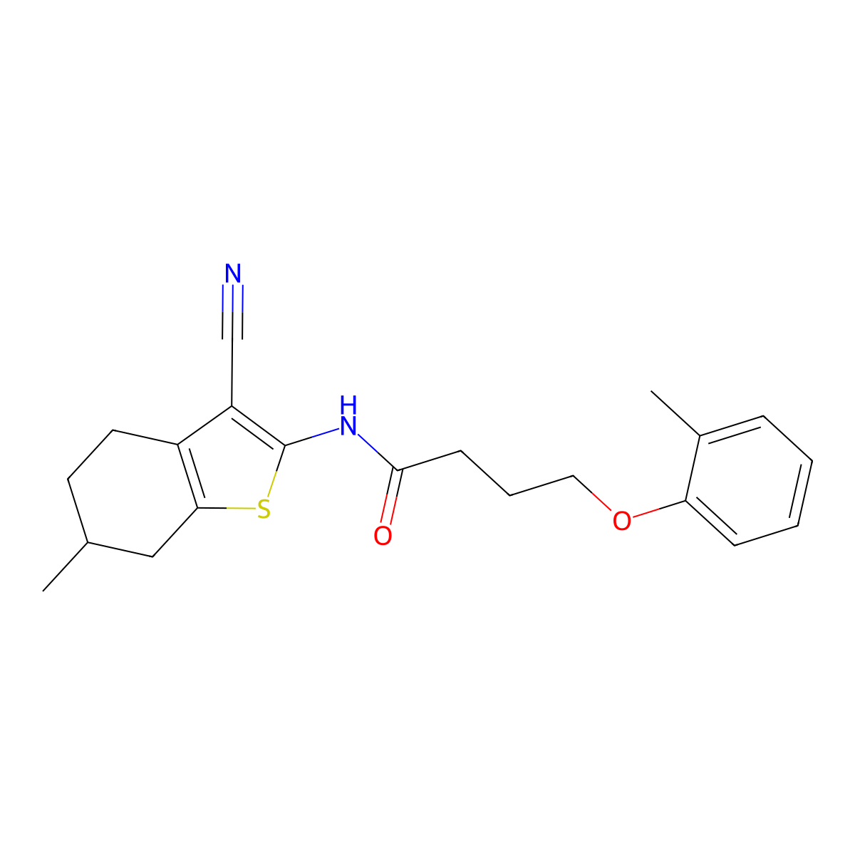 N-(3-cyano-6-methyl-4,5,6,7-tetrahydro-1-benzothiophen-2-yl)-4-(2-methylphenoxy)butanamide molecular structure, CAS 459414-29-0