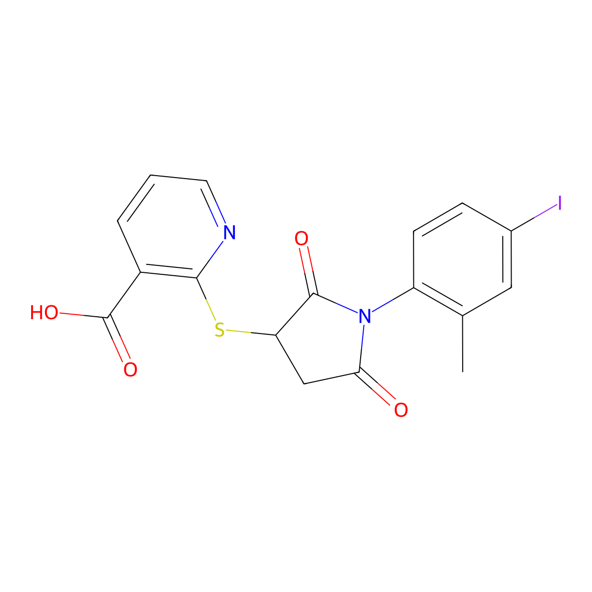 2-{[1-(4-Iodo-2-methylphenyl)-2,5-dioxopyrrolidin-3-yl]sulfanyl}pyridine-3-carboxylic acid molecular structure, CAS 459417-85-7