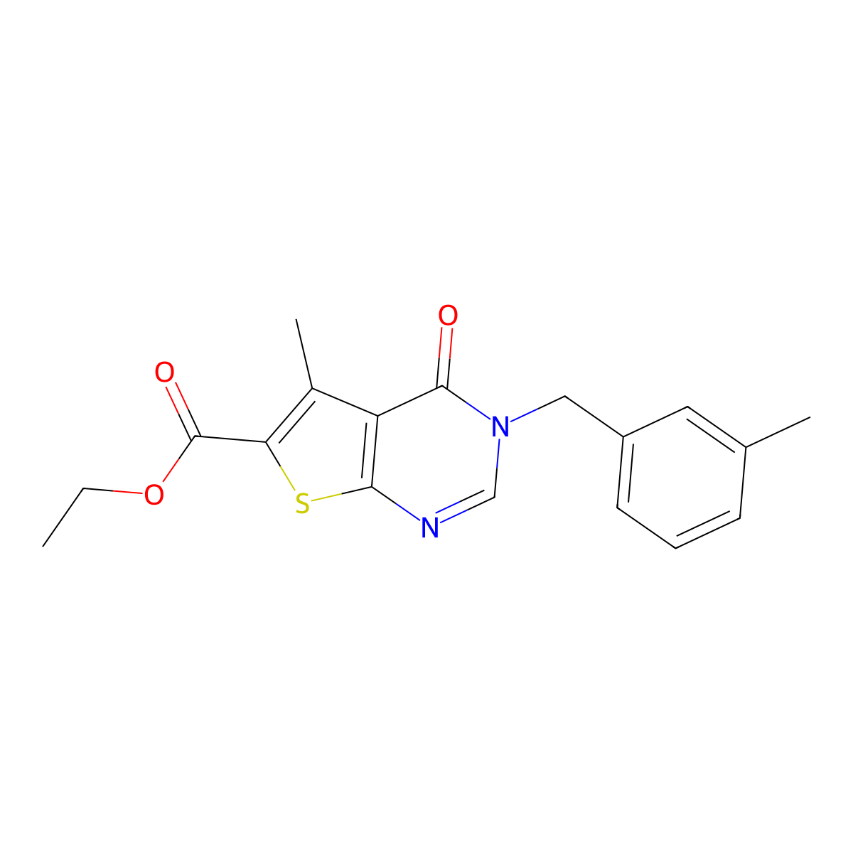 Ethyl 5-methyl-3-(3-methylbenzyl)-4-oxo-3,4-dihydrothieno[2,3-d]pyrimidine-6-carboxylate molecular structure, CAS 459418-46-3
