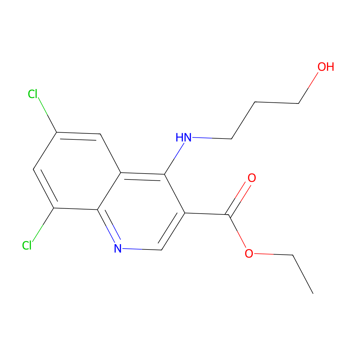 Ethyl 6,8-dichloro-4-(3-hydroxypropylamino)quinoline-3-carboxylate molecular structure, CAS 459418-86-1