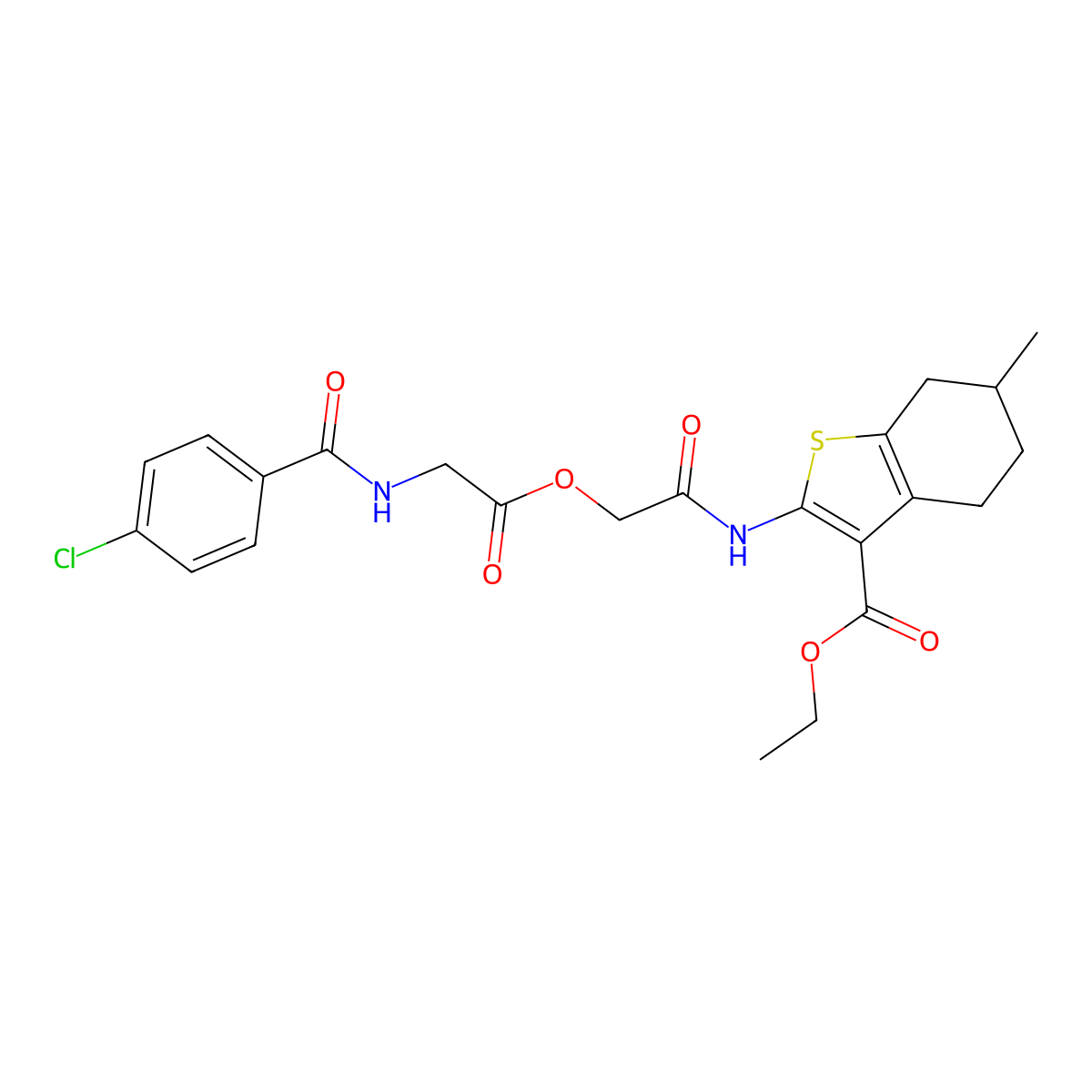 Ethyl 2-(2-(2-(4-chlorobenzamido)acetoxy)acetamido)-6-methyl-4,5,6,7-tetrahydrobenzo[b]thiophene-3-carboxylate molecular structure, CAS 459419-16-0