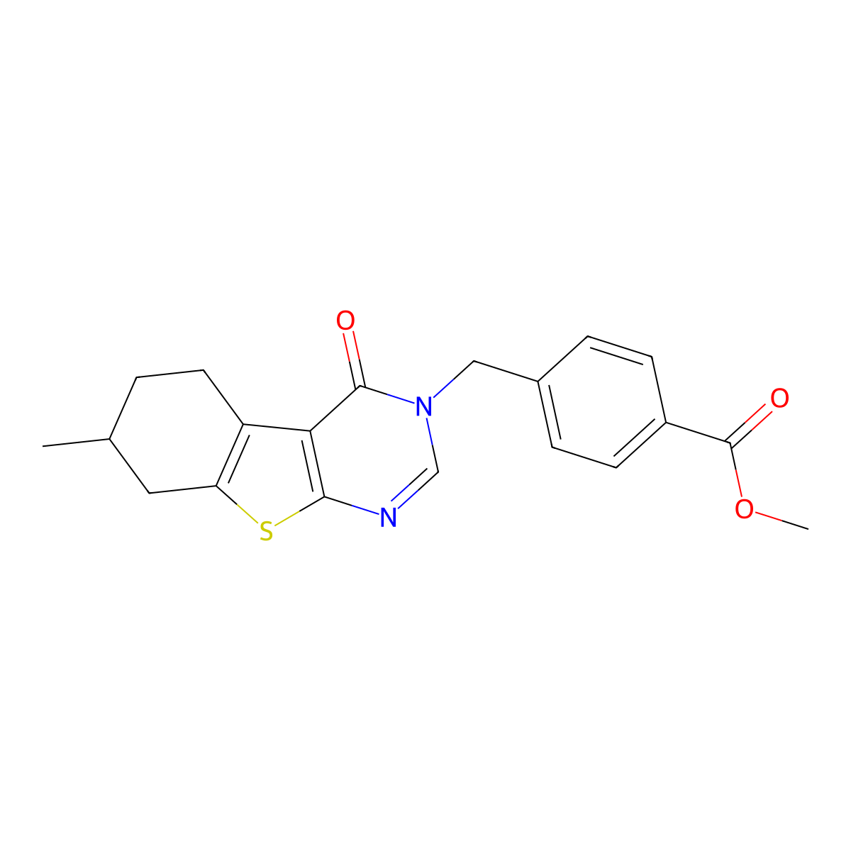 Methyl 4-[(7-methyl-4-oxo-5,6,7,8-tetrahydro-[1]benzothiolo[2,3-d]pyrimidin-3-yl)methyl]benzoate molecular structure, CAS 459419-46-6