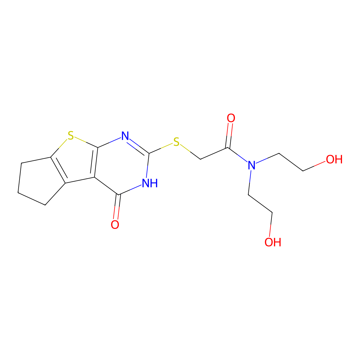 N,N-bis(2-hydroxyethyl)-2-(4-oxo(3,5,6,7-tetrahydrocyclopenta[1,2-d]pyrimidino [4,5-b]thiophen-2-ylthio))acetamide molecular structure, CAS 459421-05-7