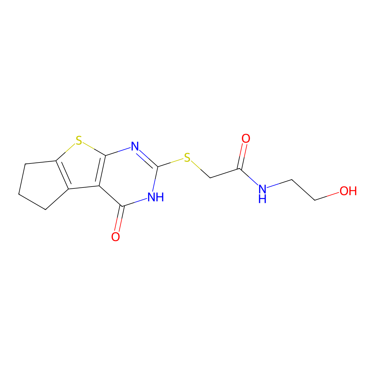 2-[(4-hydroxy-6,7-dihydro-5H-cyclopenta[4,5]thieno[2,3-d]pyrimidin-2-yl)sulfanyl]-N-(2-hydroxyethyl)acetamide molecular structure, CAS 459421-09-1