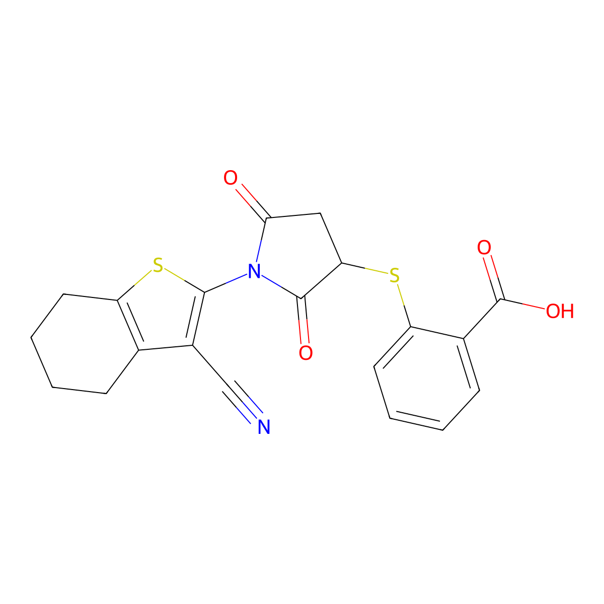 2-((1-(3-Cyano-4,5,6,7-tetrahydrobenzo[b]thiophen-2-yl)-2,5-dioxopyrrolidin-3-yl)thio)benzoic acid molecular structure, CAS 459421-31-9
