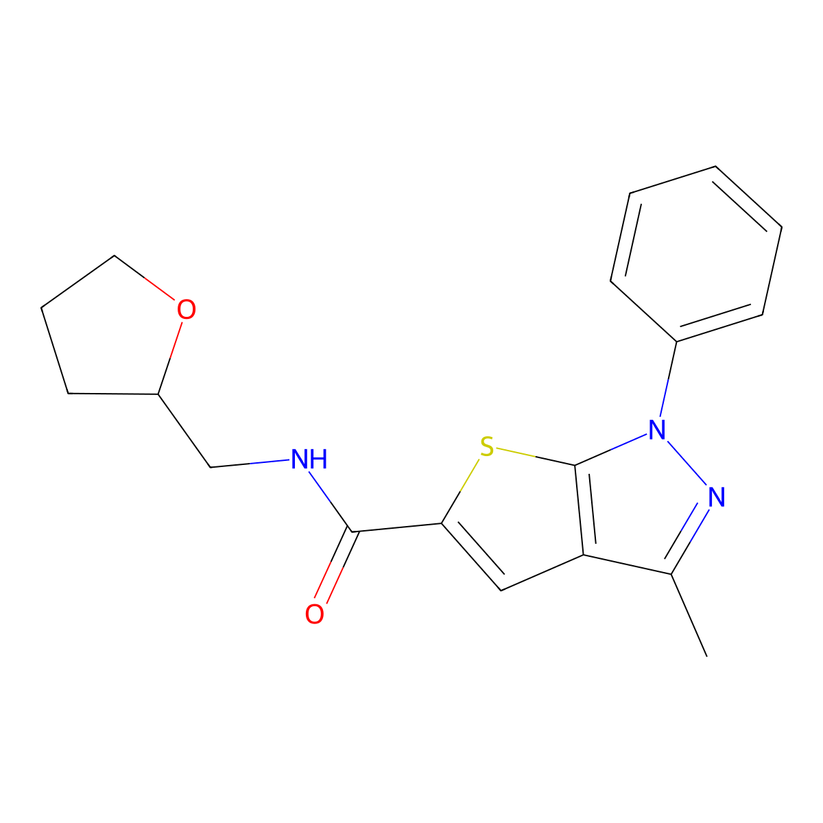 3-methyl-1-phenyl-N-((tetrahydrofuran-2-yl)methyl)-1H-thieno[2,3-c]pyrazole-5-carboxamide molecular structure, CAS 459422-12-9