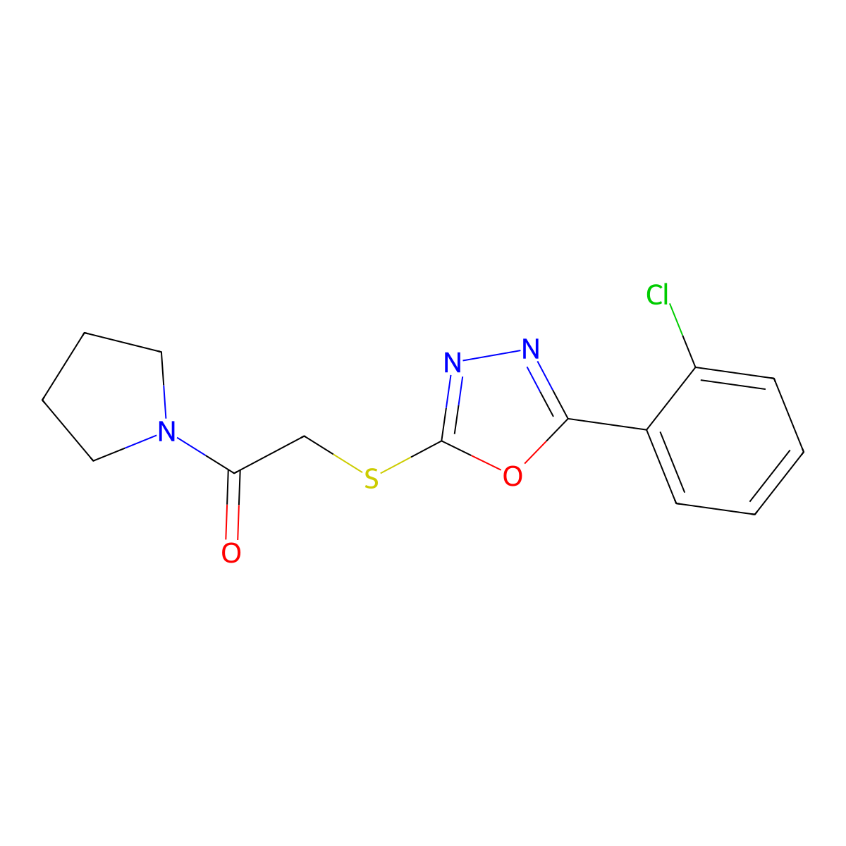 2-[[5-(2-Chlorophenyl)-1,3,4-oxadiazol-2-yl]sulfanyl]-1-pyrrolidin-1-ylethanone molecular structure, CAS 459435-61-1