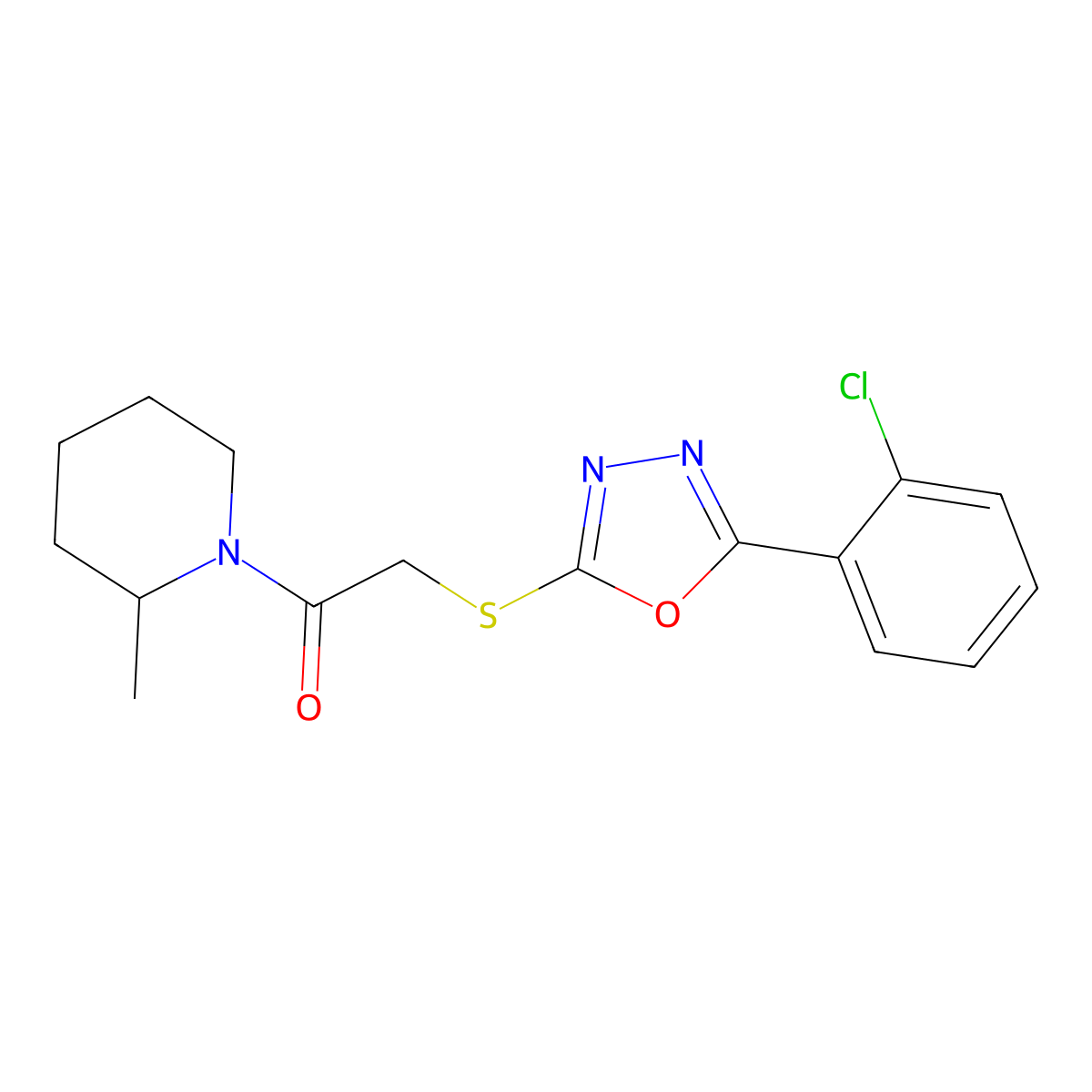 2-{[5-(2-Chlorophenyl)-1,3,4-oxadiazol-2-yl]sulfanyl}-1-(2-methylpiperidin-1-yl)ethan-1-one molecular structure, CAS 459435-65-5