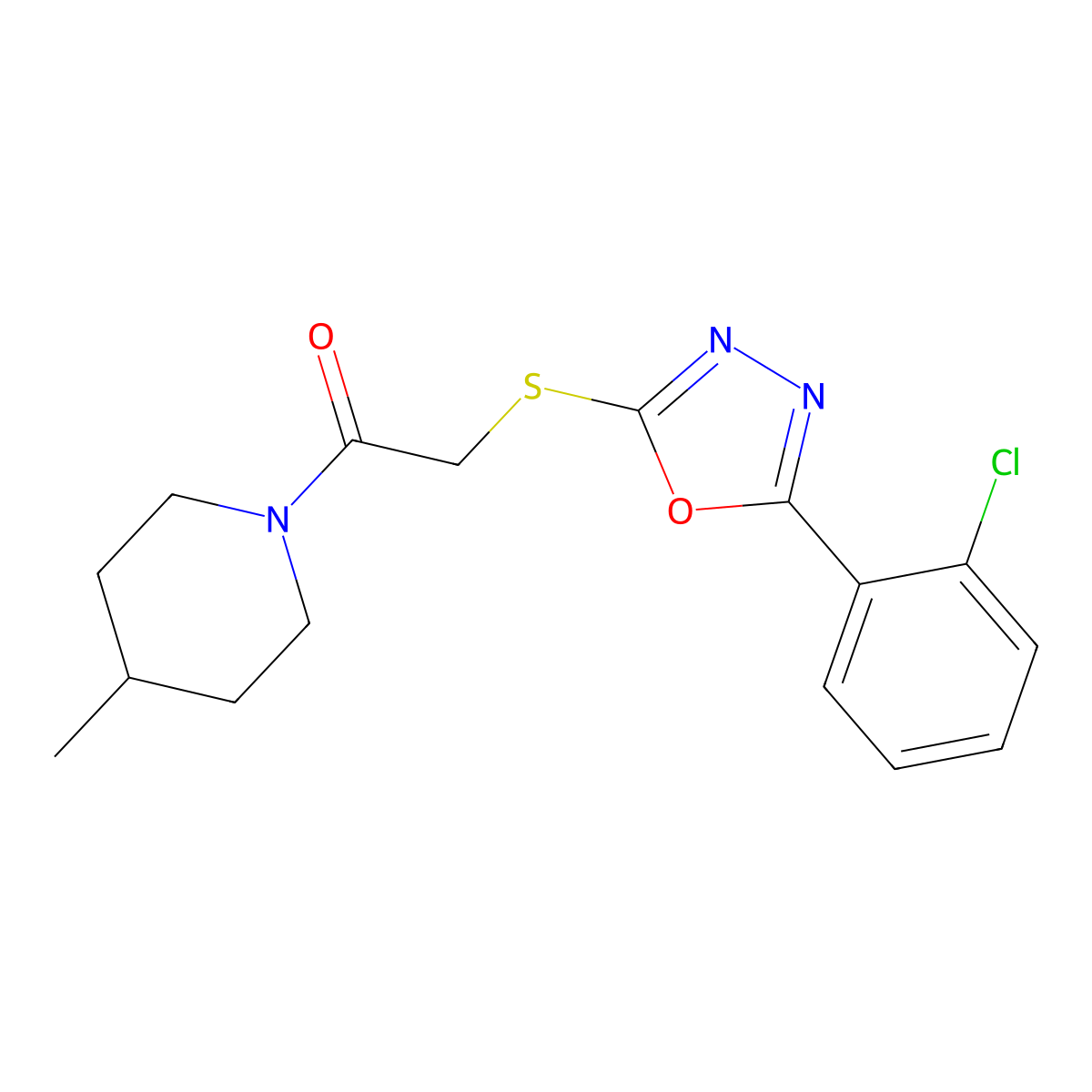 2-{[5-(2-Chlorophenyl)-1,3,4-oxadiazol-2-yl]sulfanyl}-1-(4-methylpiperidin-1-yl)ethan-1-one molecular structure, CAS 459435-67-7