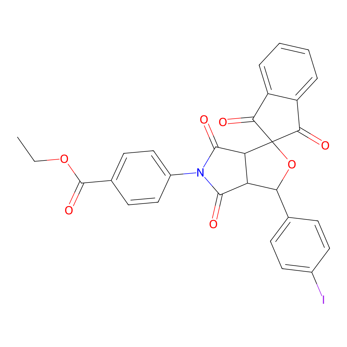 ethyl 4-(1-(4-iodophenyl)-1',3',4,6(2'H)-tetraoxo-1,3,3a,6a-tetrahydrospiro(1H-furo[3,4-c]pyrrole-3,2'-(1'H)-indene)-5(3H)-yl)benzoate molecular structure, CAS 459438-43-8