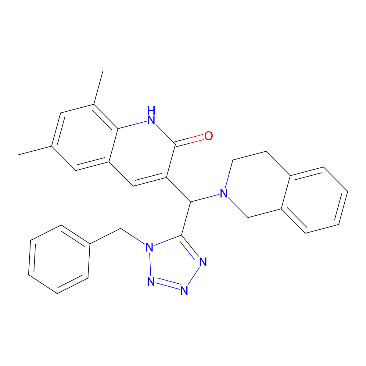 3-[(1-benzyltetrazol-5-yl)-(3,4-dihydro-1H-isoquinolin-2-yl)methyl]-6,8-dimethyl-1H-quinolin-2-one molecular structure, CAS 459441-24-8