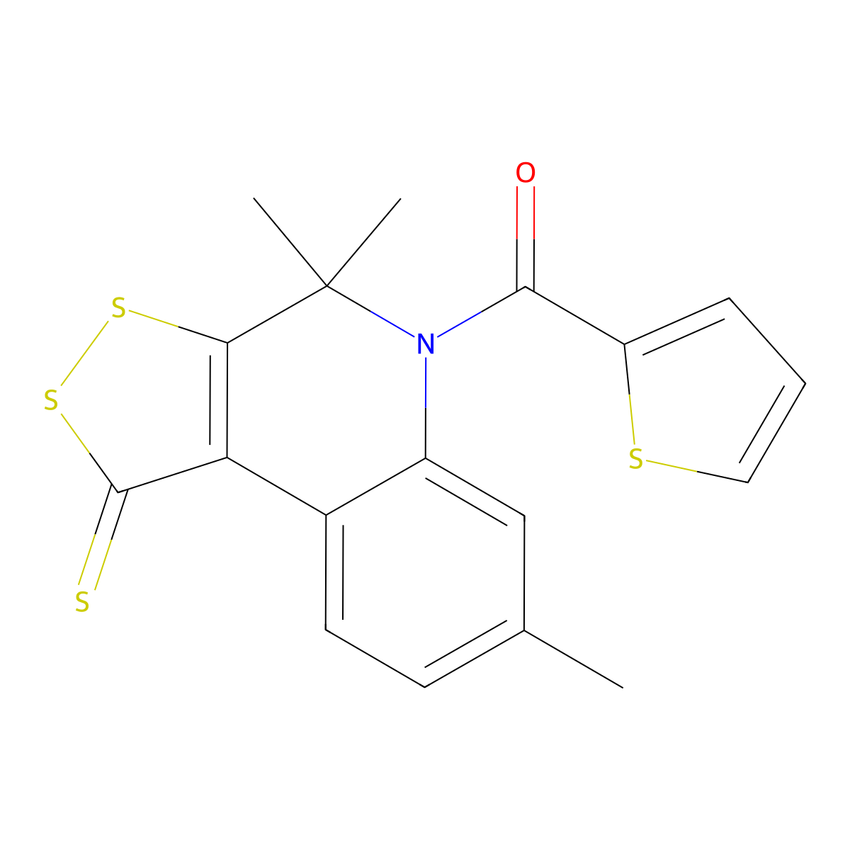 Thiophen-2-yl-(4,4,7-trimethyl-1-sulfanylidenedithiolo[3,4-c]quinolin-5-yl)methanone molecular structure, CAS 4595-67-9