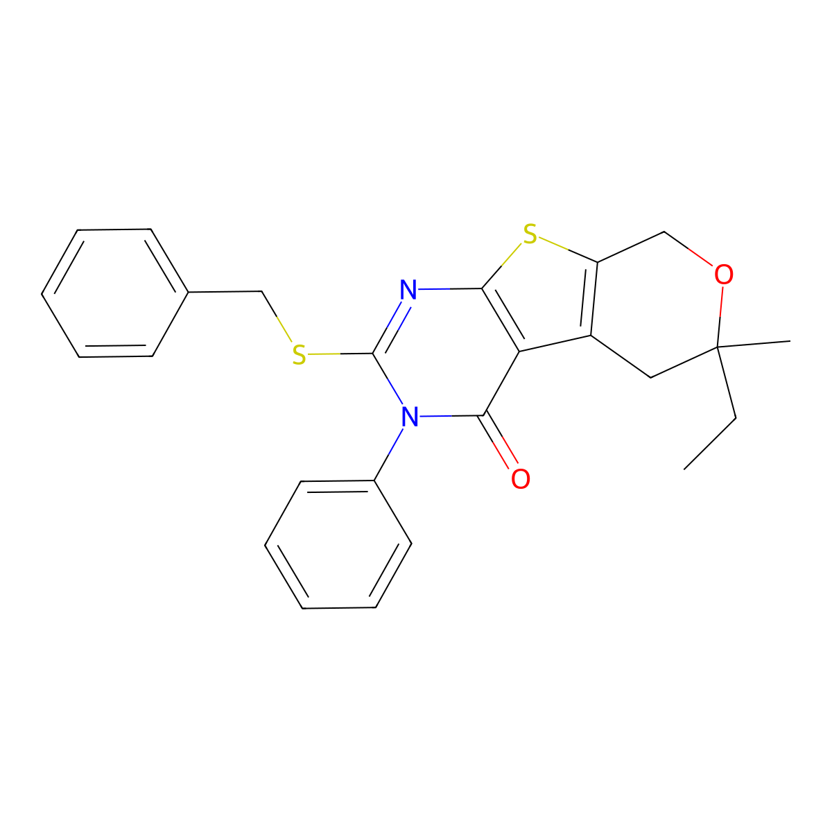 2-(benzylsulfanyl)-6-ethyl-6-methyl-3-phenyl-3,5,6,8-tetrahydro-4H-pyrano[4',3':4,5]thieno[2,3-d]pyrimidin-4-one molecular structure, CAS 4595-86-2