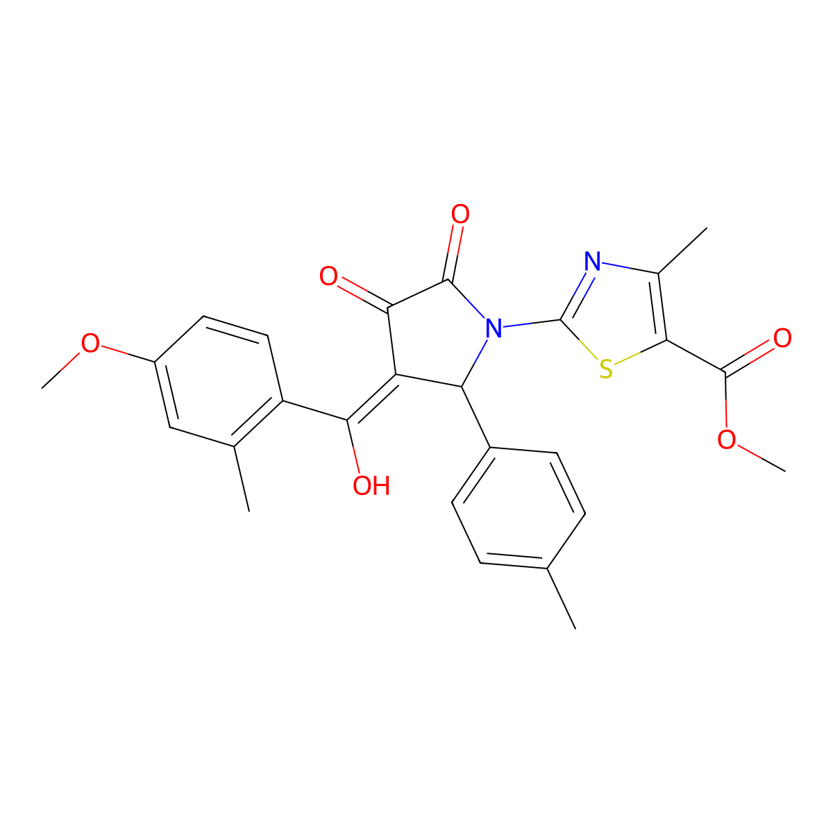 methyl 2-[3-hydroxy-4-(4-methoxy-2-methylbenzoyl)-5-(4-methylphenyl)-2-oxo-2,5-dihydro-1H-pyrrol-1-yl]-4-methyl-1,3-thiazole-5-carboxylate molecular structure, CAS 459793-76-1