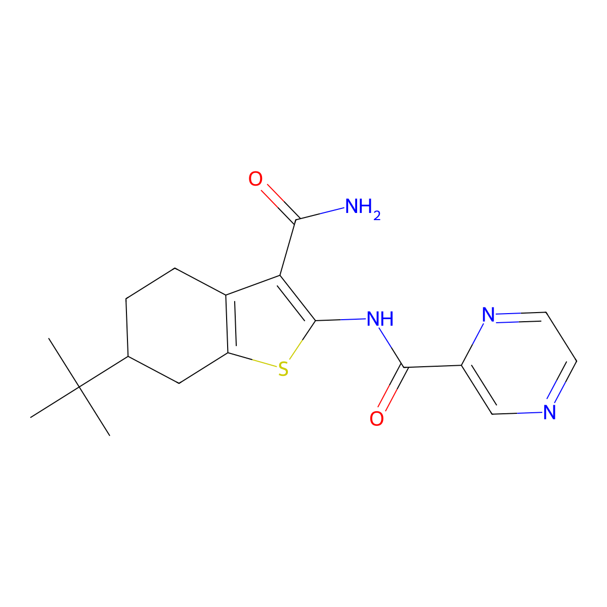 N-(6-tert-butyl-3-carbamoyl-4,5,6,7-tetrahydro-1-benzothiophen-2-yl)pyrazine-2-carboxamide molecular structure, CAS 459799-95-2