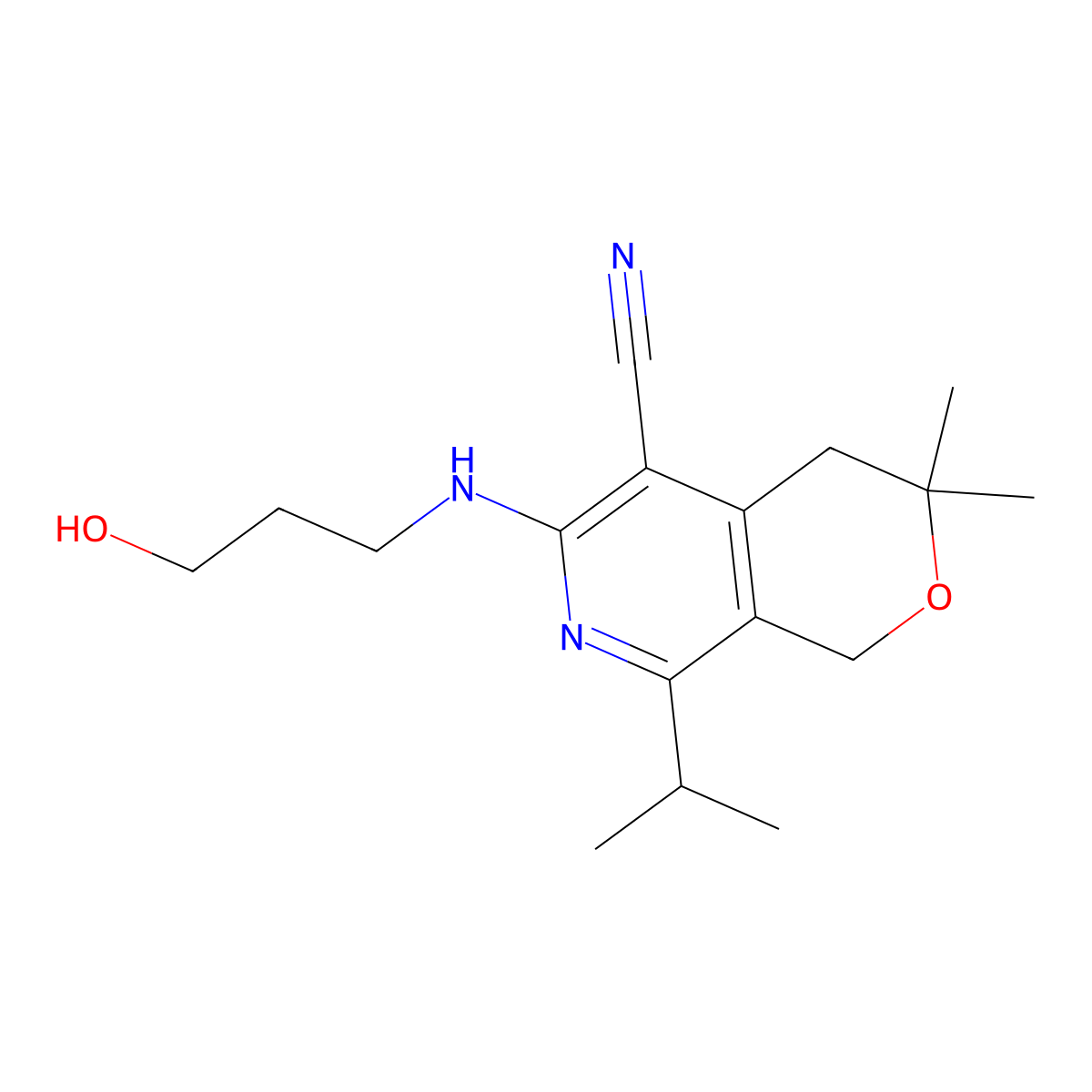 6-(3-Hydroxypropylamino)-3,3-dimethyl-8-propan-2-yl-1,4-dihydropyrano[3,4-c]pyridine-5-carbonitrile molecular structure, CAS 4598-82-7