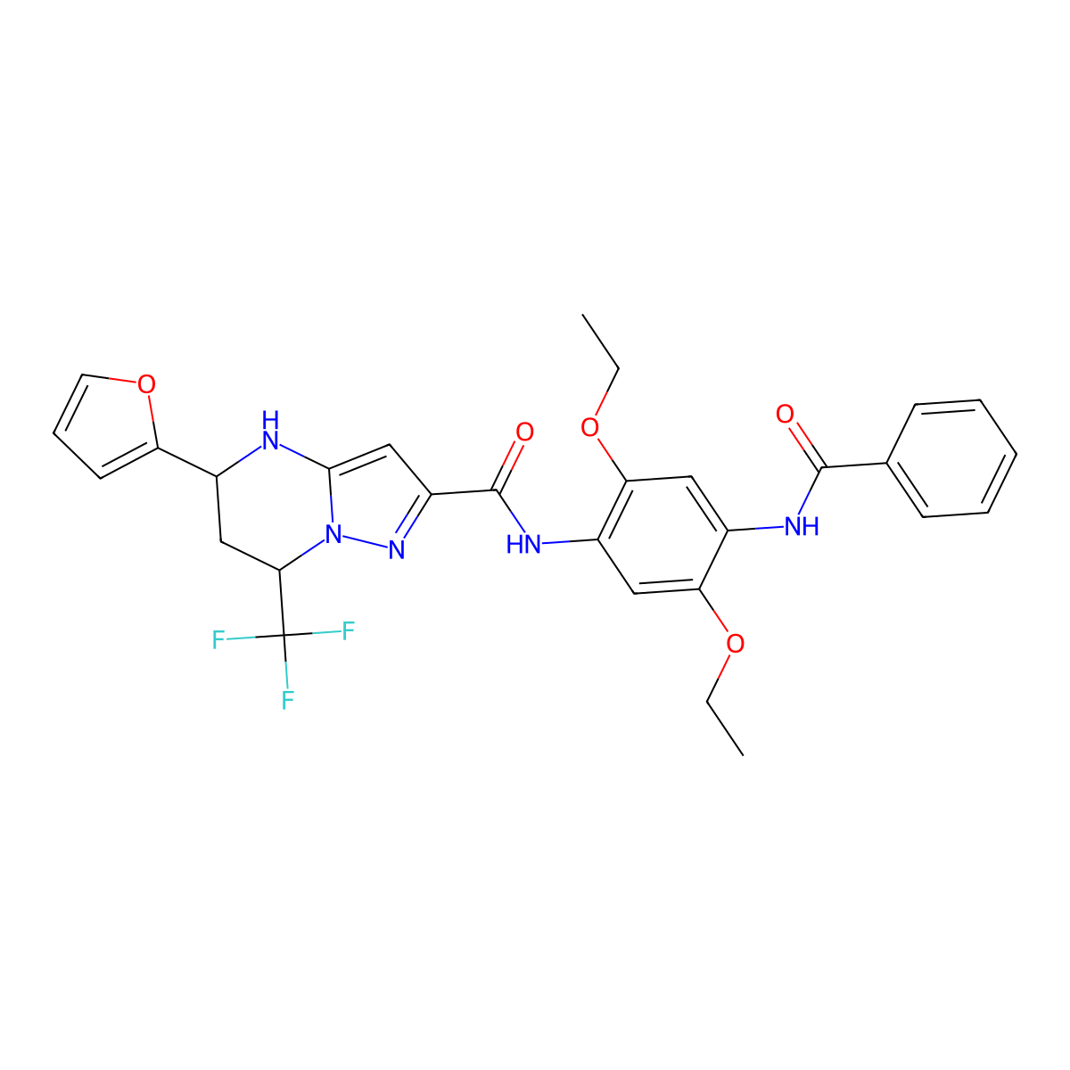 N-[4-(Benzoylamino)-2,5-diethoxyphenyl]-5-(2-furanyl)-4,5,6,7-tetrahydro-7-(trifluoromethyl)pyrazolo[1,5-a]pyrimidine-2-carboxamide molecular structure, CAS 459803-10-2