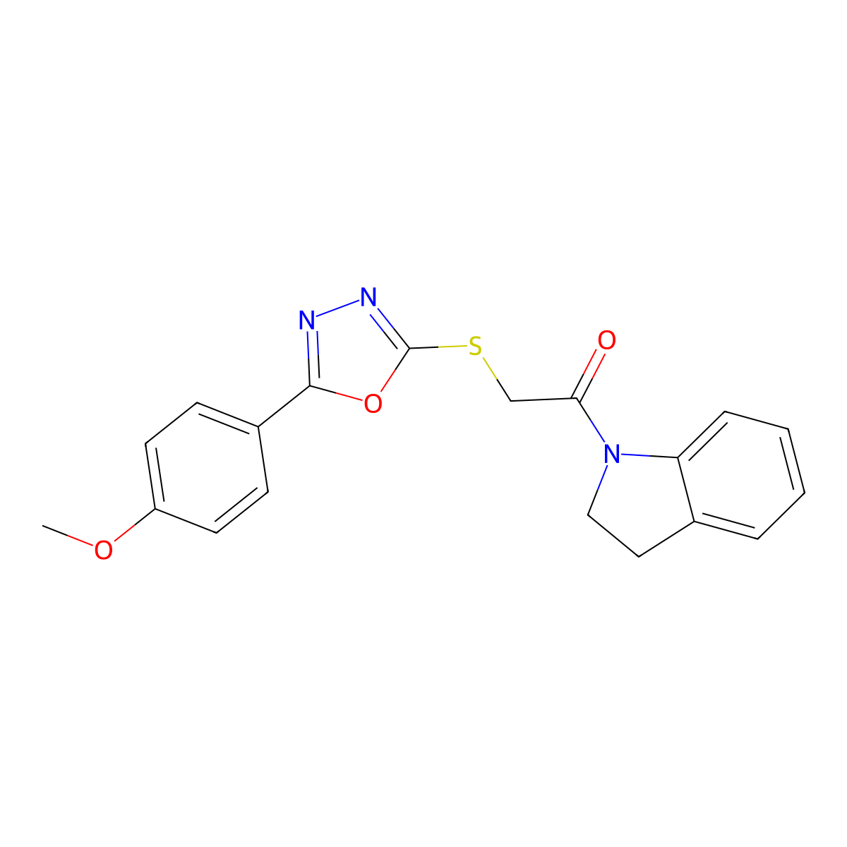 1-(Indolin-1-yl)-2-((5-(4-methoxyphenyl)-1,3,4-oxadiazol-2-yl)thio)ethanone molecular structure, CAS 459845-47-7