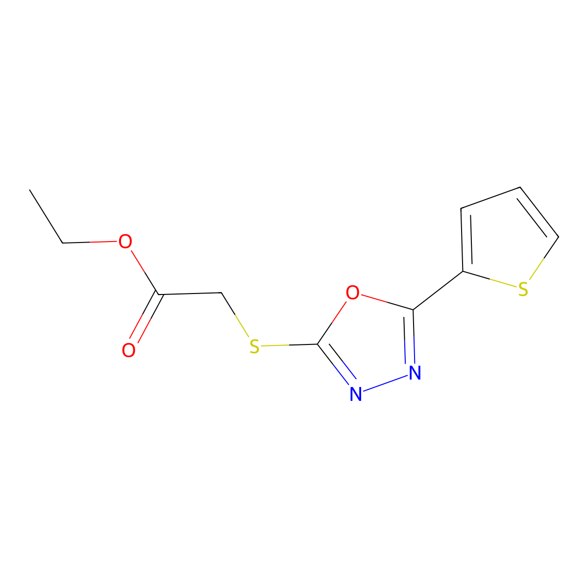 Ethyl 2-{[5-(thiophen-2-yl)-1,3,4-oxadiazol-2-yl]sulfanyl}acetate molecular structure, CAS 459846-02-7