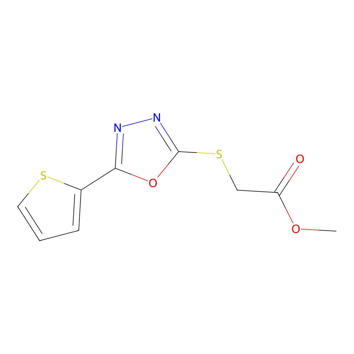 (5-Thiophen-2-yl-[1,3,4]oxadiazol-2-ylsulfanyl)-acetic acid methyl ester molecular structure, CAS 459846-03-8