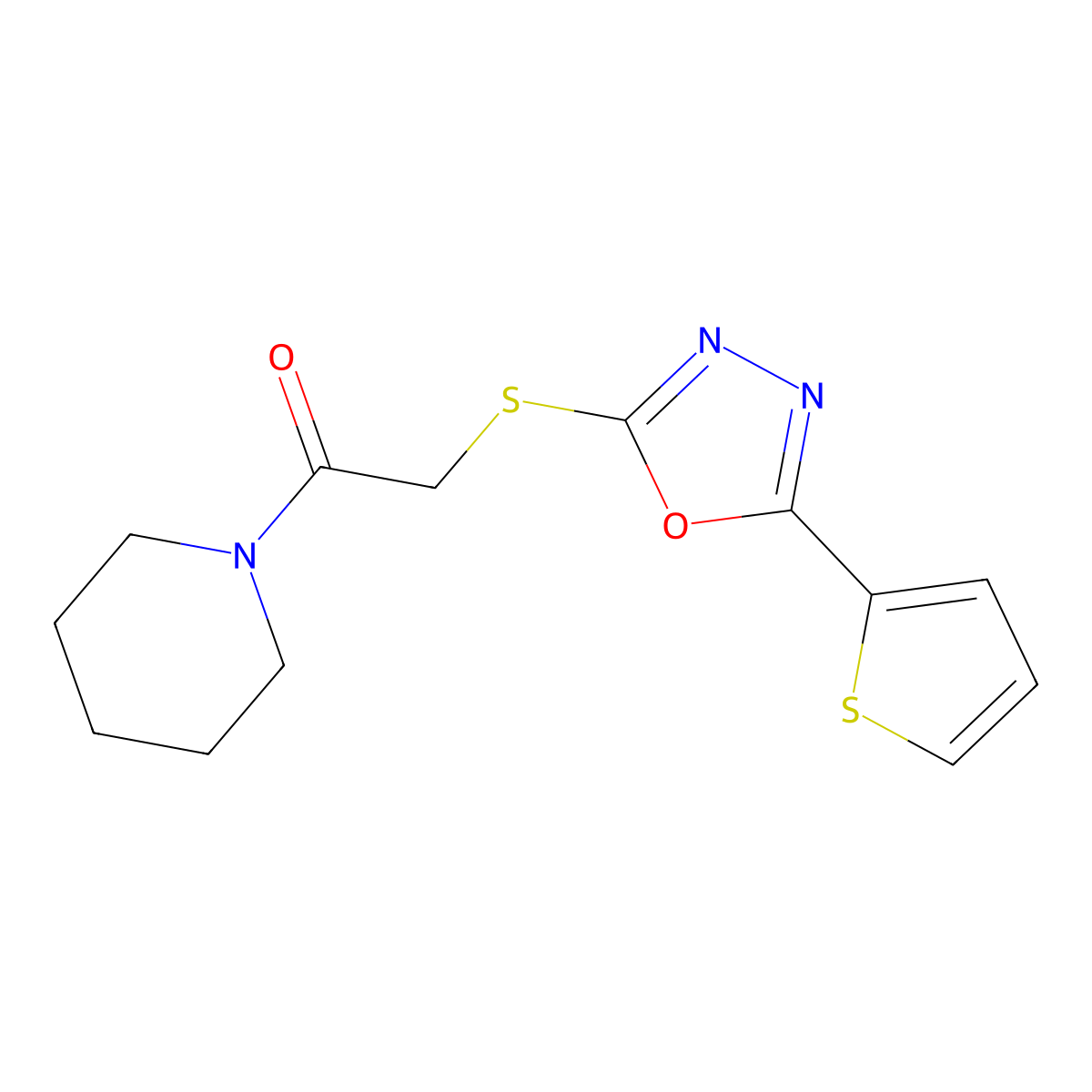 1-Piperidin-1-yl-2-[(5-thiophen-2-yl-1,3,4-oxadiazol-2-yl)sulfanyl]ethanone molecular structure, CAS 459846-05-0