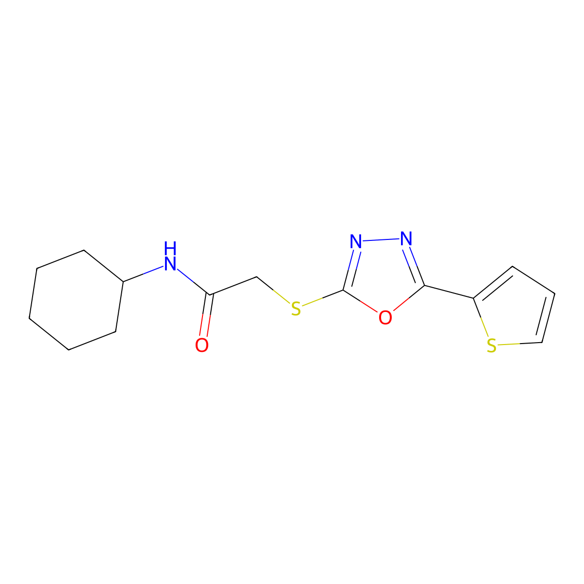 N-cyclohexyl-2-((5-(thiophen-2-yl)-1,3,4-oxadiazol-2-yl)thio)acetamide molecular structure, CAS 459846-06-1