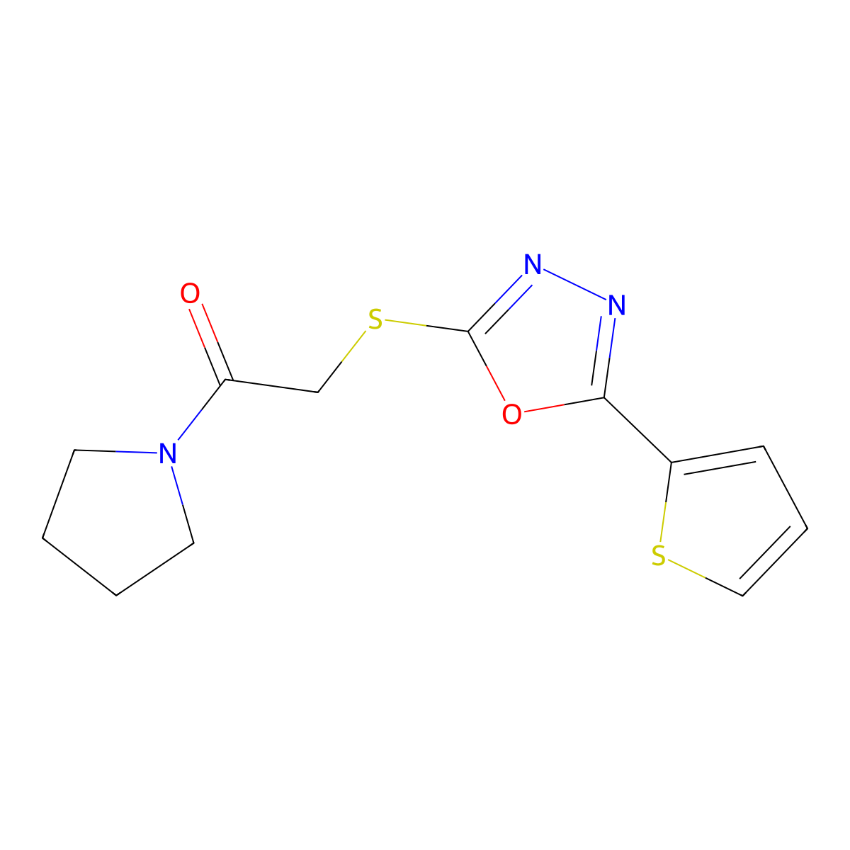 Pyrrolidine, 1-[[[5-(2-thienyl)-1,3,4-oxadiazol-2-yl]thio]acetyl]- molecular structure, CAS 459846-08-3