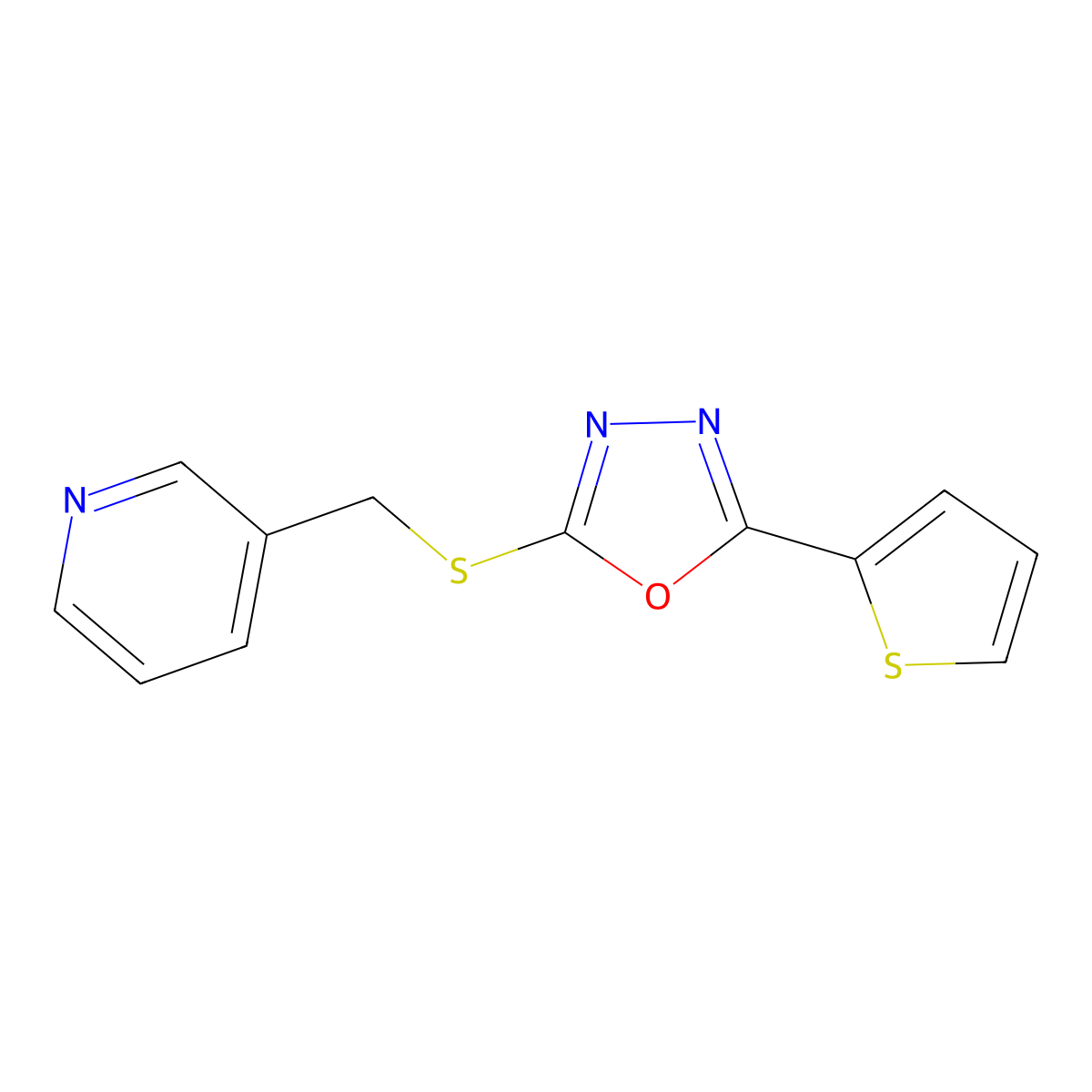 2-((Pyridin-3-ylmethyl)thio)-5-(thiophen-2-yl)-1,3,4-oxadiazole molecular structure, CAS 459846-17-4