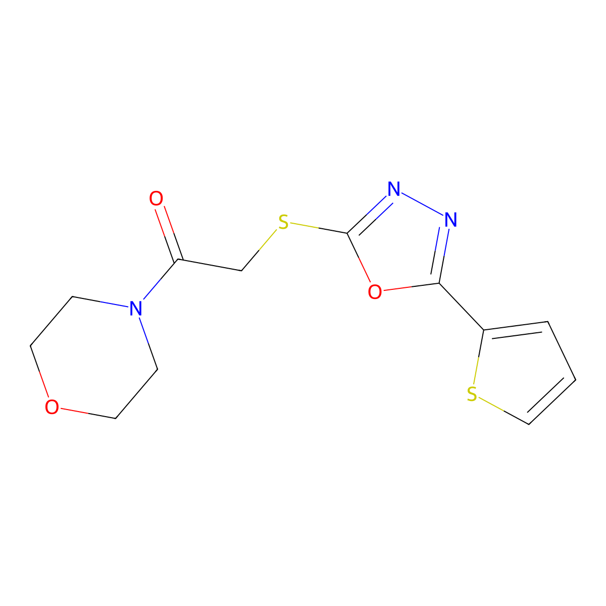 1-Morpholin-4-yl-2-(5-thiophen-2-yl-[1,3,4]oxadiazol-2-ylsulfanyl)-ethanone molecular structure, CAS 459846-18-5