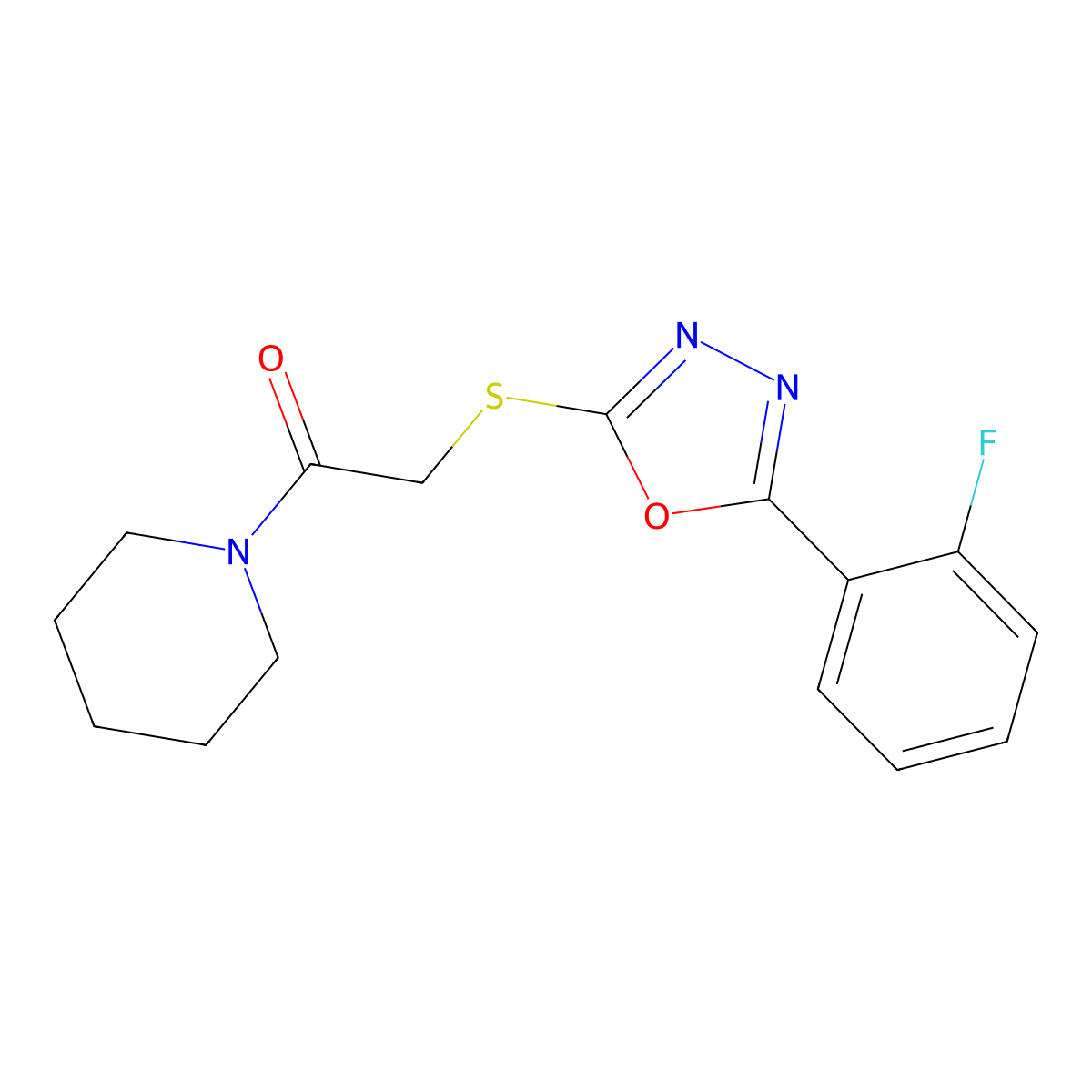 2-[[5-(2-Fluorophenyl)-1,3,4-oxadiazol-2-yl]sulfanyl]-1-piperidin-1-ylethanone molecular structure, CAS 459846-29-8