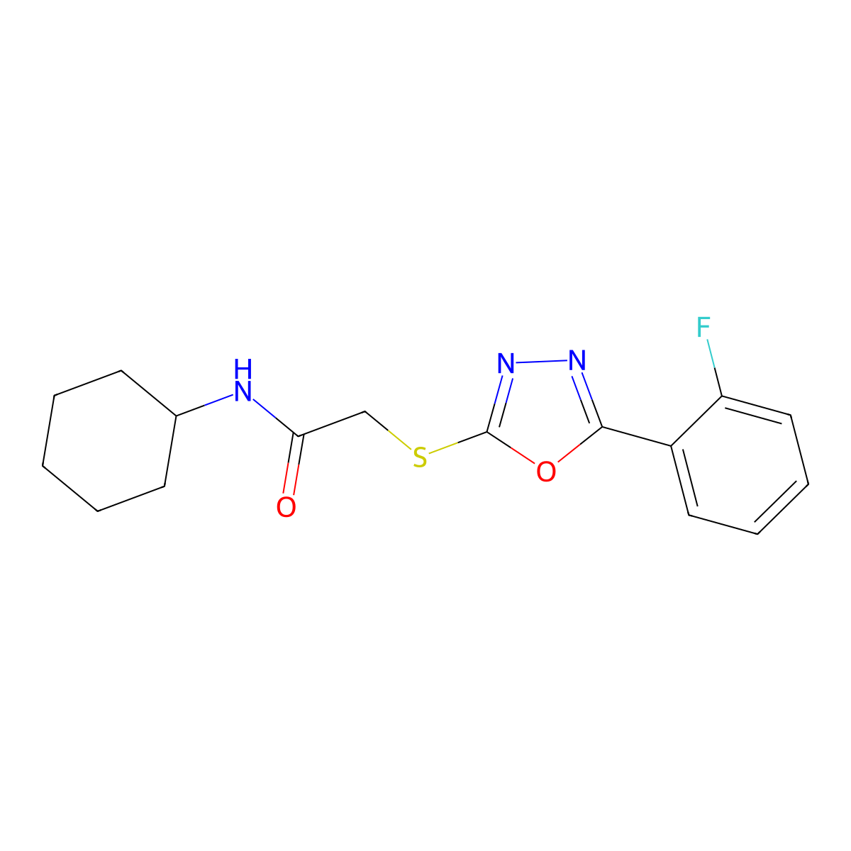 N-Cyclohexyl-2-{[5-(2-fluorophenyl)-1,3,4-oxadiazol-2-YL]sulfanyl}acetamide molecular structure, CAS 459846-31-2