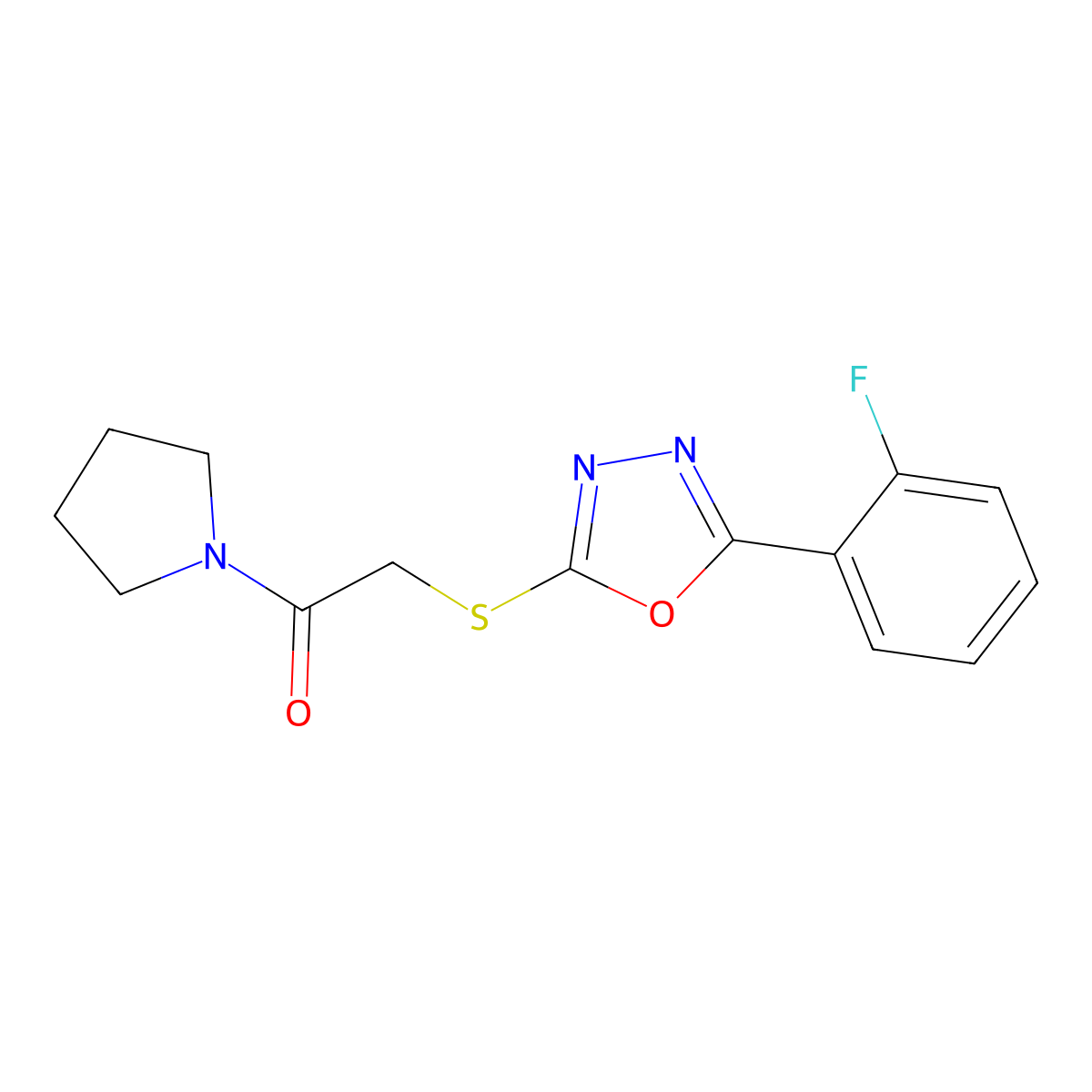 2-[[5-(2-Fluorophenyl)-1,3,4-oxadiazol-2-yl]sulfanyl]-1-pyrrolidin-1-ylethanone molecular structure, CAS 459846-32-3