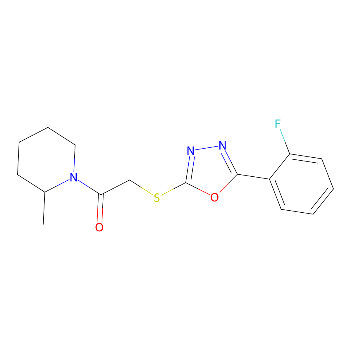 2-[[5-(2-Fluorophenyl)-1,3,4-oxadiazol-2-yl]sulfanyl]-1-(2-methylpiperidin-1-yl)ethanone molecular structure, CAS 459846-49-2