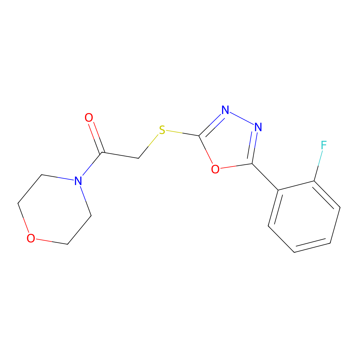 2-((5-(2-Fluorophenyl)-1,3,4-oxadiazol-2-yl)thio)-1-morpholinoethanone molecular structure, CAS 459846-79-8