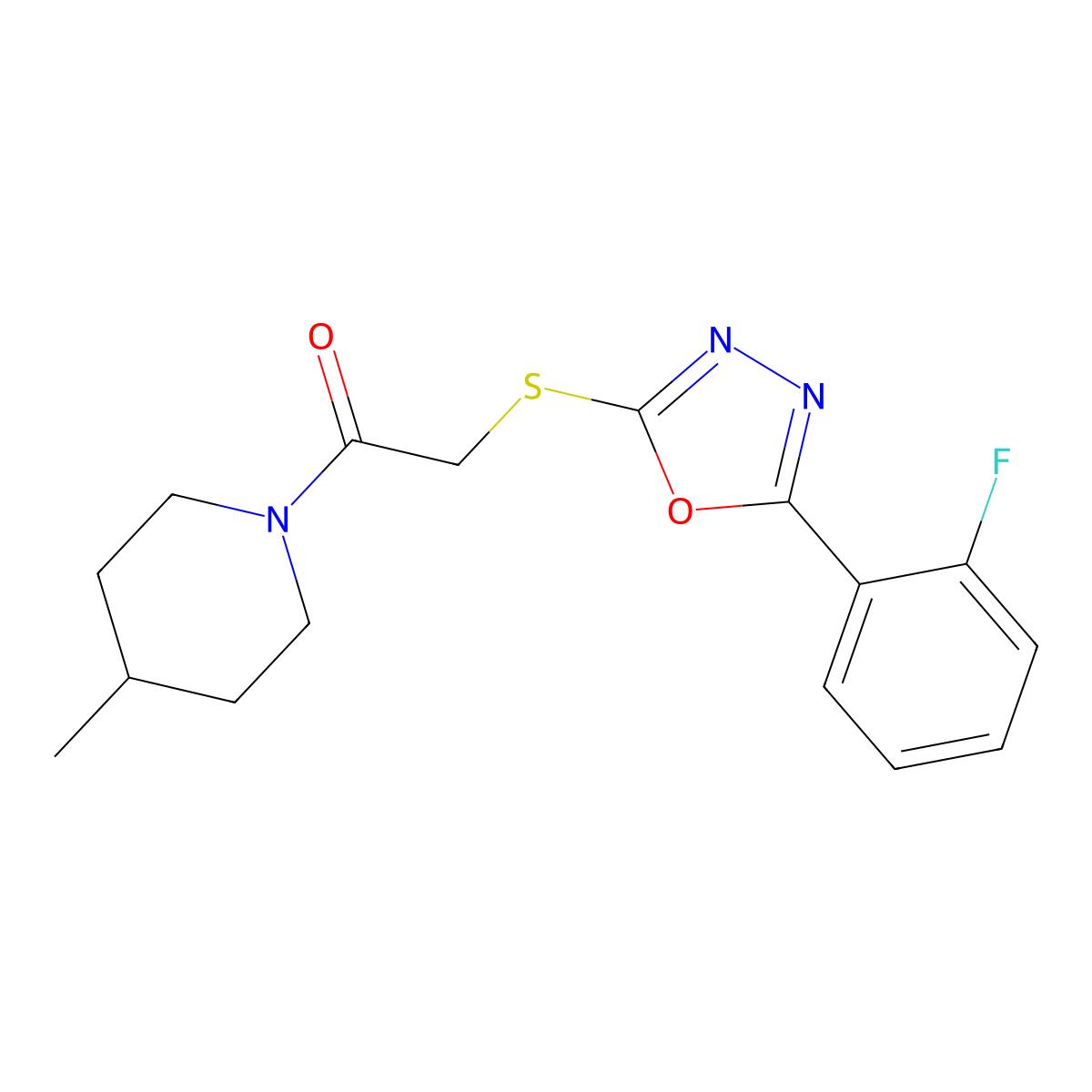 2-((5-(2-Fluorophenyl)-1,3,4-oxadiazol-2-yl)thio)-1-(4-methylpiperidin-1-yl)ethanone molecular structure, CAS 459846-85-6