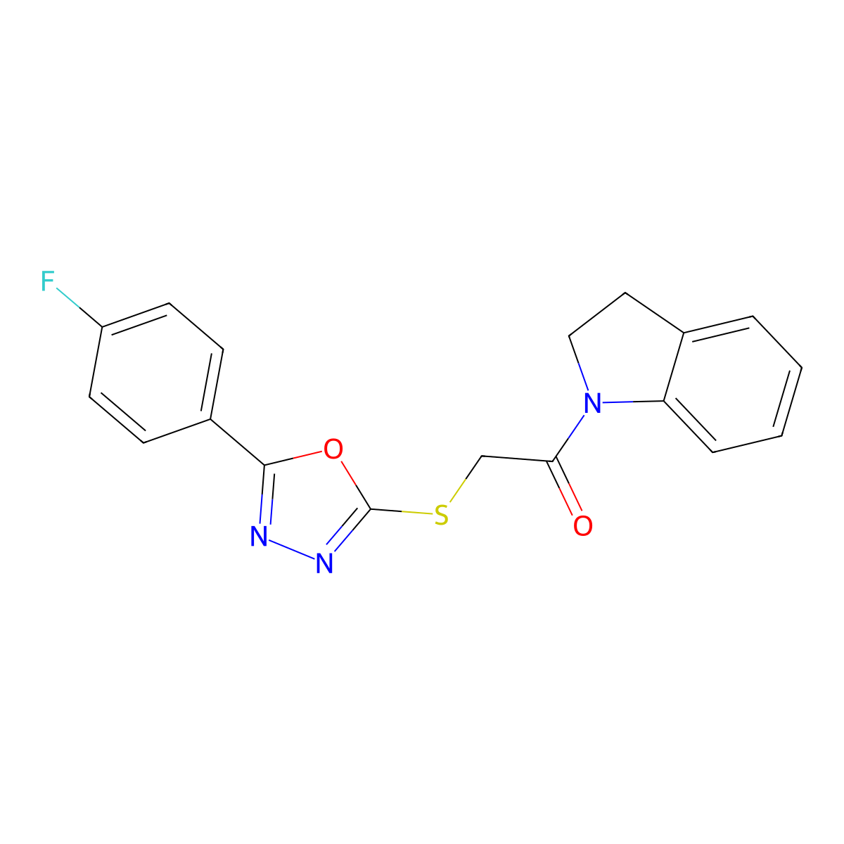 2-((5-(4-Fluorophenyl)-1,3,4-oxadiazol-2-yl)thio)-1-(indolin-1-yl)ethanone molecular structure, CAS 459861-17-7