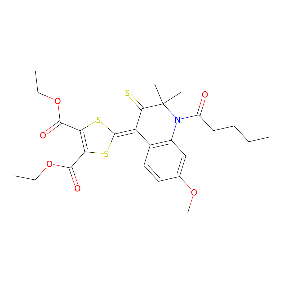 Diethyl 2-(7-methoxy-2,2-dimethyl-1-pentanoyl-3-sulfanylidene-2,3-dihydroquinolin-4(1H)-ylidene)-2H-1,3-dithiole-4,5-dicarboxylate molecular structure, CAS 4600-69-5